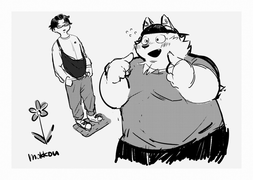 2020 anthro blush bottomwear canid canine canis clothing domestic_dog duo flower hi_res human humanoid_hands kemono male mammal monochrome overweight overweight_male pants plant shirt topwear uokkom