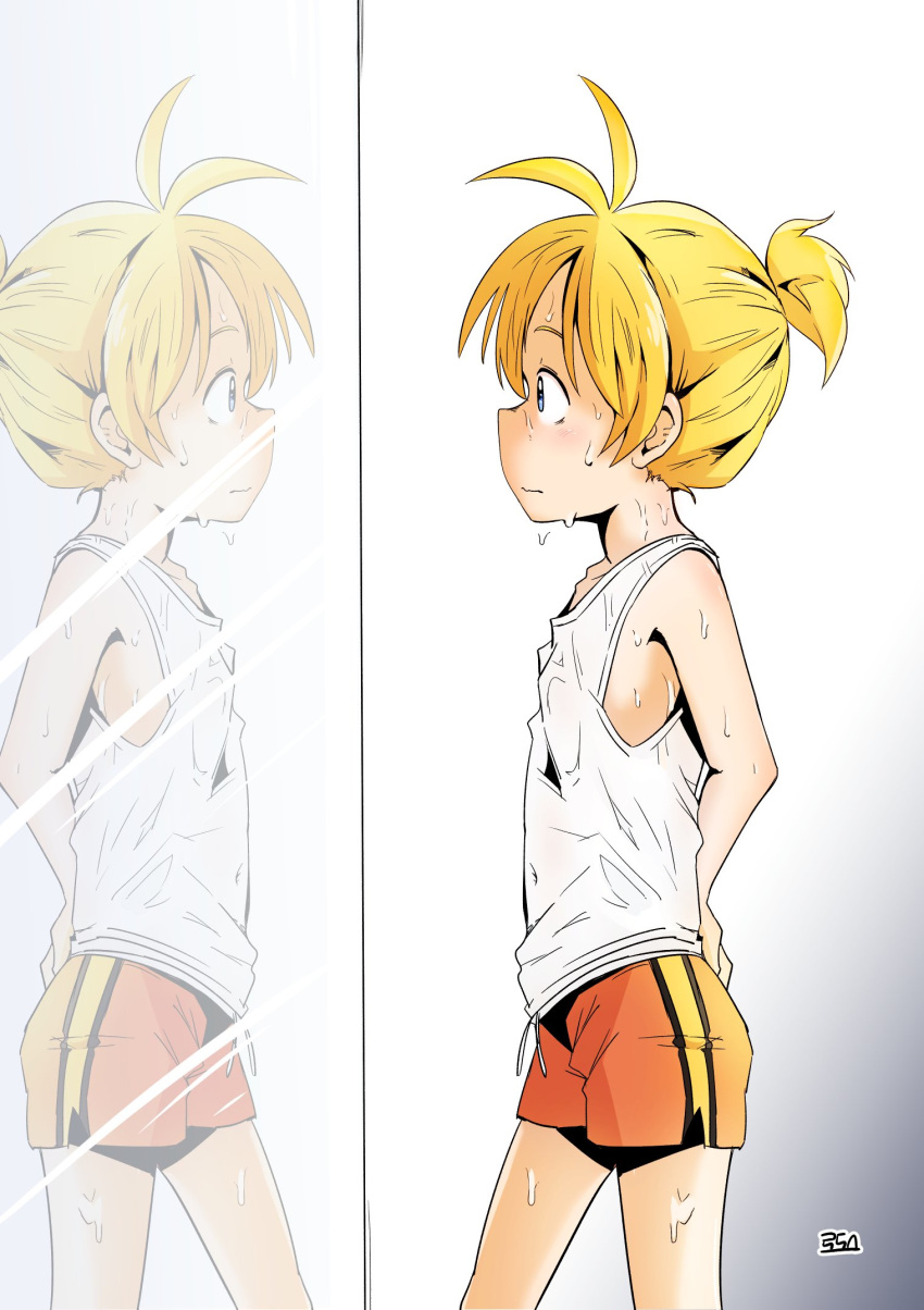 1boy arms_behind_back bad_id bad_twitter_id blonde_hair blue_eyes closed_mouth commentary from_side highres kagamine_len lolicon male_focus mirror orange_shorts reflection rodostrail shirt short_ponytail shorts spiked_hair standing sweat tank_top vocaloid white_shirt