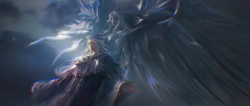 chromatic_aberration cloak dual_persona female final_fantasy final_fantasy_xiv highres hydaelyn norino_(106592473) outstretched_arms pale_skin robe sophist's_robe_(ff14) spoilers venat_(ff14) white_hair wings