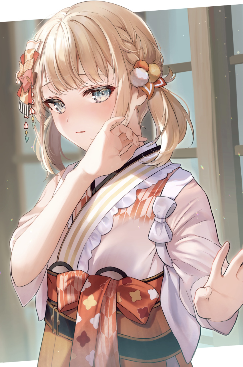 absurdres blonde_hair blue_eyes blush commentary_request female hair_ornament hakama hand_up highres hololive japanese_clothes kabi_akaru kazama_iroha kazama_iroha_(new_year) kimono looking_at_viewer obi official_alternate_costume orange_hakama parted_lips pink_kimono pom_pom_(clothes) pom_pom_hair_ornament sash short_hair solo twintails upper_body virtual_youtuber