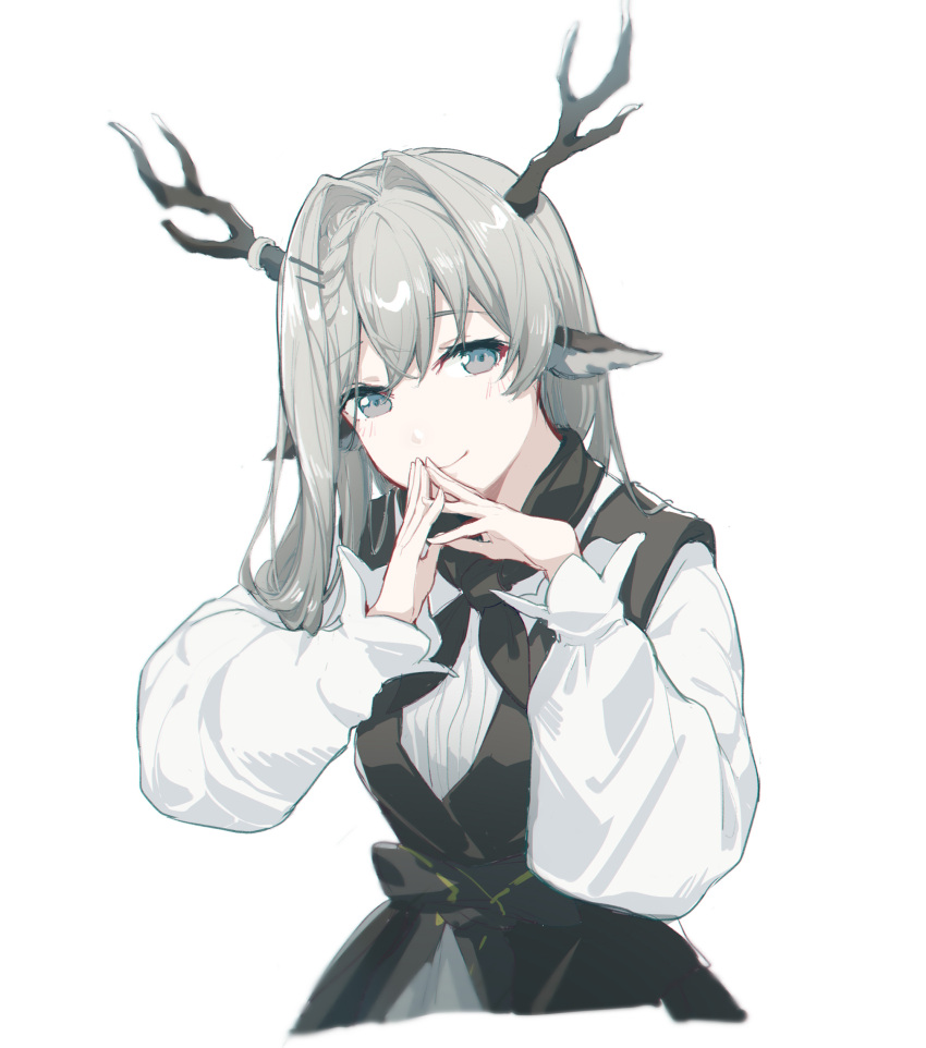 absurdres alina_(arknights) animal_ears antlers arknights black_dress black_sash chinese_commentary commentary_request cropped_torso deer_antlers deer_ears deer_girl dress female grey_eyes grey_hair hair_intakes hair_ornament hairclip hand_to_own_mouth highres horns long_hair looking_at_viewer own_hands_together sash shirt simple_background smile solo upper_body white_background white_shirt yumuto_(spring1786)