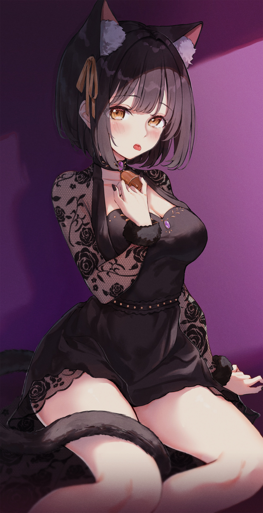 absurdres animal_ear_fluff animal_ears arm_support bare_legs bell black_dress black_hair blush breasts cat_ears cat_girl cat_tail chilia012 cleavage collarbone commentary dress extra_ears female fingernails floral_print hair_ribbon highres idolmaster idolmaster_cinderella_girls kemonomimi_mode looking_at_viewer medium_breasts nail_polish neck_bell ribbon see-through see-through_sleeves short_hair simple_background sitting solo symbol-only_commentary tail takafuji_kako tongue tongue_out