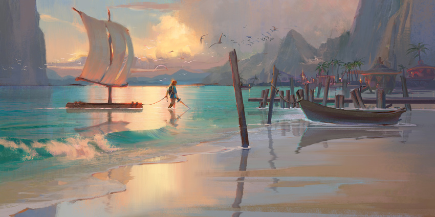 1boy animal beach bird blonde_hair blue_shirt champion's_tunic_(zelda) cloud cloudy_sky commentary day english_commentary evening holding holding_sword holding_weapon house hylian_shield layered_sleeves link long_sleeves male_focus mountainous_horizon ocean outdoors photoshop_(medium) pixiescout pointy_ears raft sail scenery shield shirt short_over_long_sleeves short_sleeves sky solo sword the_legend_of_zelda the_legend_of_zelda:_breath_of_the_wild torn wading water weapon