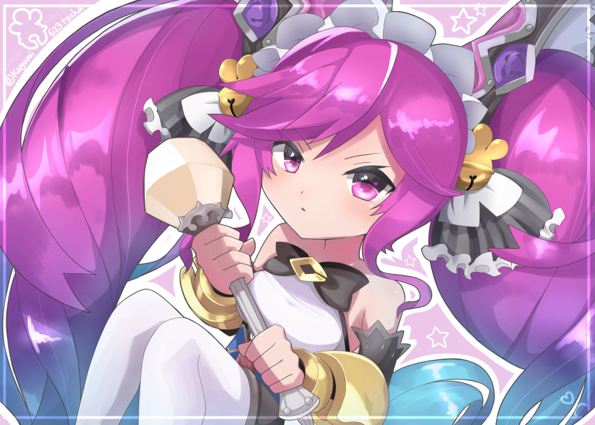 absurdres artist_name bad_id bad_pixiv_id bare_shoulders bell blue_hair border bow breasts cleo_(dragalia_lost) commentary_request detached_sleeves dragalia_lost female gradient_hair hair_bell hair_ornament hairbow highres kagamitsuka knees_up large_breasts long_hair looking_at_viewer multicolored_hair purple_eyes purple_hair signature solo staff star_(symbol) twintails twitter_username very_long_hair watermark white_legwear