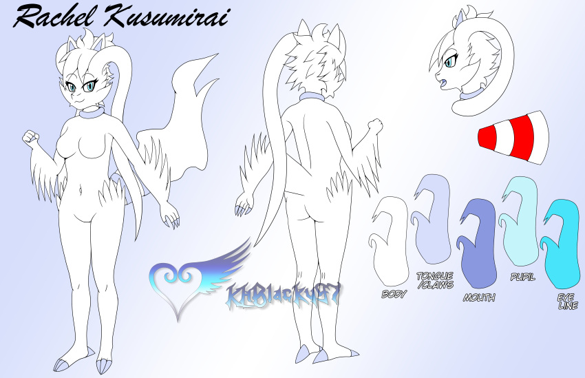 absurd_res anthro anthrofied blue_eyes breasts claws collar english_text fangs female fur generation_5_pokemon hair hi_res khblacky97 legendary_pokemon model_sheet nintendo open_mouth pokemon pokemon_(species) pokemorph rachel_kusumirai reshiram simple_background solo teeth text watermark white_body white_fur white_hair