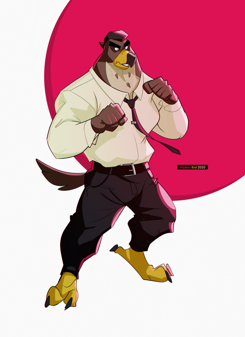 abstract_background absurd_res angry anthro avian beak bird disney ducktales ducktales_(2017) falcon falcon_graves falconid feet fighting_pose glare hi_res male modern_bird muscular muscular_anthro muscular_male necktie pose solo talons teeth thick_neck toes toothed_beak