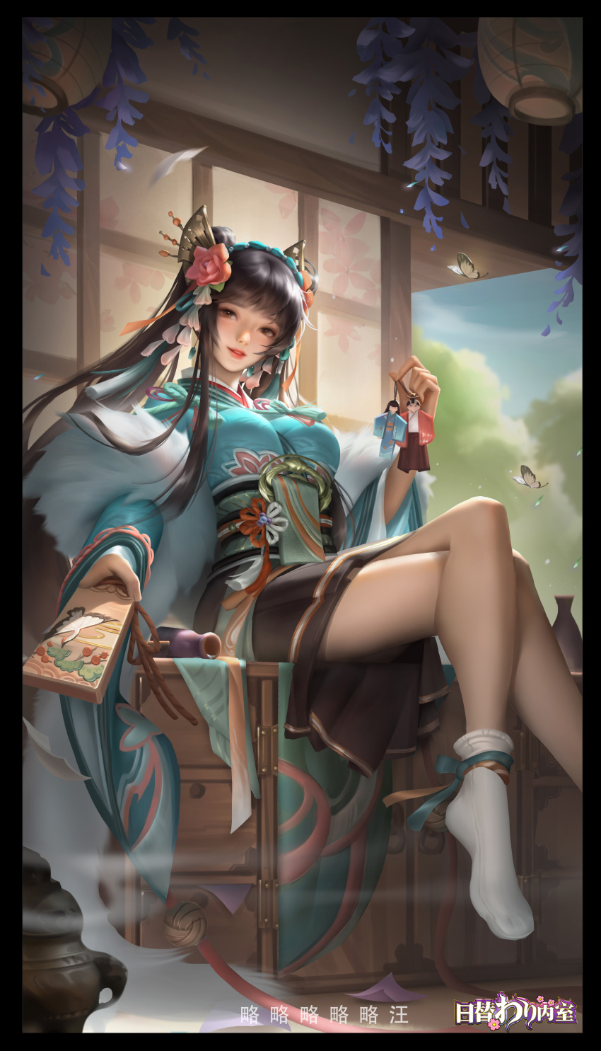 a_han_ji absurdres bare_legs blue_sky bottle bug butterfly character_request collaboration doll female flower from_below hair_ornament higawari_naishitsu highres japanese_clothes kimono lantern sash sky smile socks solo tree twintails wisteria yiqian_zhang