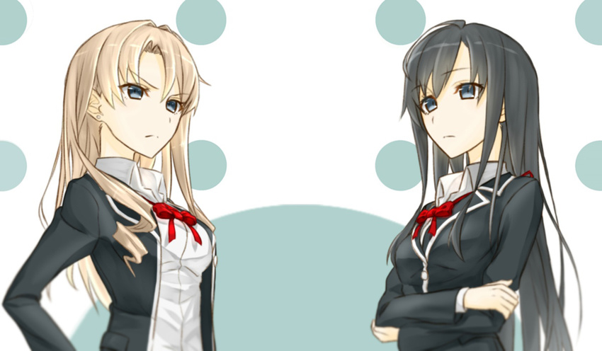 2girls black_hair blonde_hair blue_eyes breasts earrings long_hair miura_yumiko multiple_girls ribbon school_uniform yahari_ore_no_seishun_lovecome_wa_machigatteiru. yukinoshita_yukino