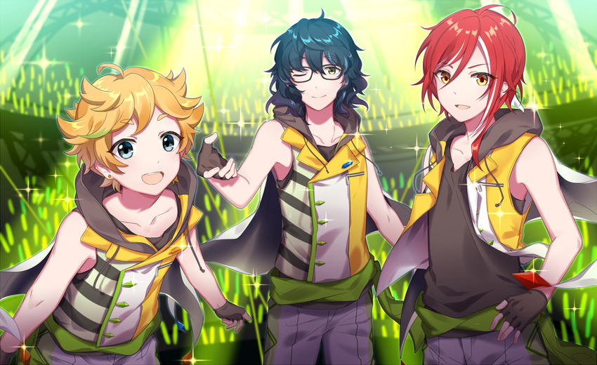 3boys ;) aoba_tsumugi blonde_hair blue_eyes blue_hair brown_eyes commentary_request earrings ensemble_stars! glowstick harukawa_sora highres hinata_(sky) hood hoodie idol jewelry male_focus multicolored_hair multiple_boys one_eye_closed open_mouth red_hair sakasaki_natsume short_hair sleeveless sleeveless_hoodie smile sparkle streaked_hair switch_(ensemble_stars!) yellow_eyes