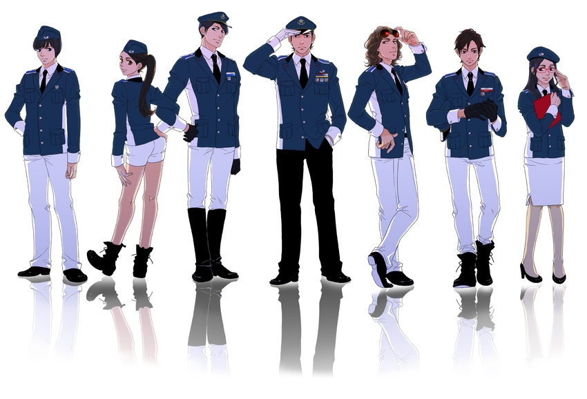 2girls 5boys animification bad_id bad_pixiv_id beret black_hair blue_eyes boots brown_eyes brown_hair commentary_request dot_(artist) formal glasses gloves hat highres iwasaki_ryuuji jacket jin_masato kuroki_takeshi long_hair morishita_tooru multiple_boys multiple_girls nakamura_miho_(go-busters) necktie peaked_cap pencil_skirt ponytail sakurada_hiromu short_hair shorts skirt skirt_suit suit sunglasses super_sentai tokumei_sentai_go-busters uniform usami_youko