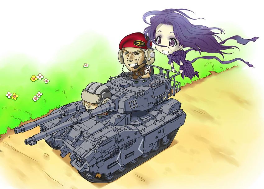 2boys caterpillar_tracks chibi commentary_request day death_(entity) earth_federation ebifly enter_enter_mission! female flower girls_und_panzer grass grey_hair gun gundam gundam_ms_igloo harman_yandell headphones long_hair machine_gun military military_vehicle motor_vehicle multiple_boys purple_eyes purple_hair rayban_surat tank type_61_(gundam) weapon