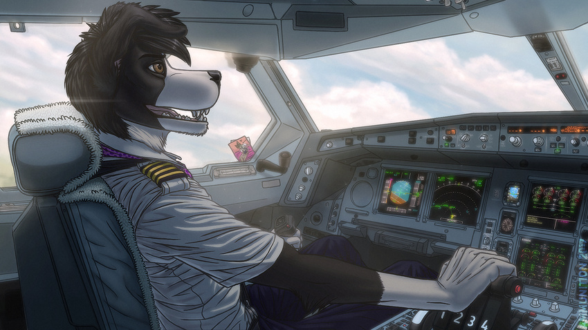 16:9 2017 airbus airbus_a340 aircraft airplane anthro aviation biped black_body black_fur black_nose border_collie bottomwear brown_eyes canid canine canis captain chair clothed clothing cloud cockpit collie day detailed_background digital_media_(artwork) domestic_dog eyebrows fighterjet flying fur furniture hair herding_dog inside_airplane male mammal multicolored_body multicolored_fur necktie open_mouth pants pastoral_dog pilot seat sheepdog shirt sitting sky smile solo teeth tongue topwear two_tone_body two_tone_fur uniform vehicle white_body white_fur widescreen window