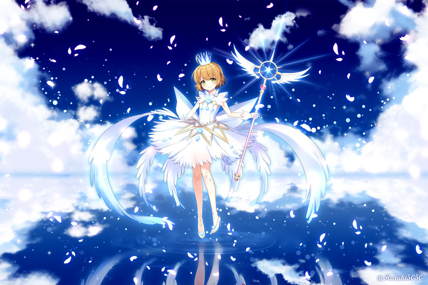 ahoge arm_at_side bare_legs blue_sky cardcaptor_sakura cardcaptor_sakura_clear_card_arc closed_mouth cloud commentary_request crown day dress feathered_wings female full_body gloves green_eyes haruki_(colorful_macaron) high_heels highres holding holding_wand kinomoto_sakura kinomoto_sakura_(crystal_feather_dress) light looking_at_viewer orange_hair petals reflection ripples see-through short_hair sky sleeveless sleeveless_dress smile solo standing standing_on_liquid star_(symbol) twitter_username wand water white_dress white_footwear white_gloves white_wings wings yume_no_tsue