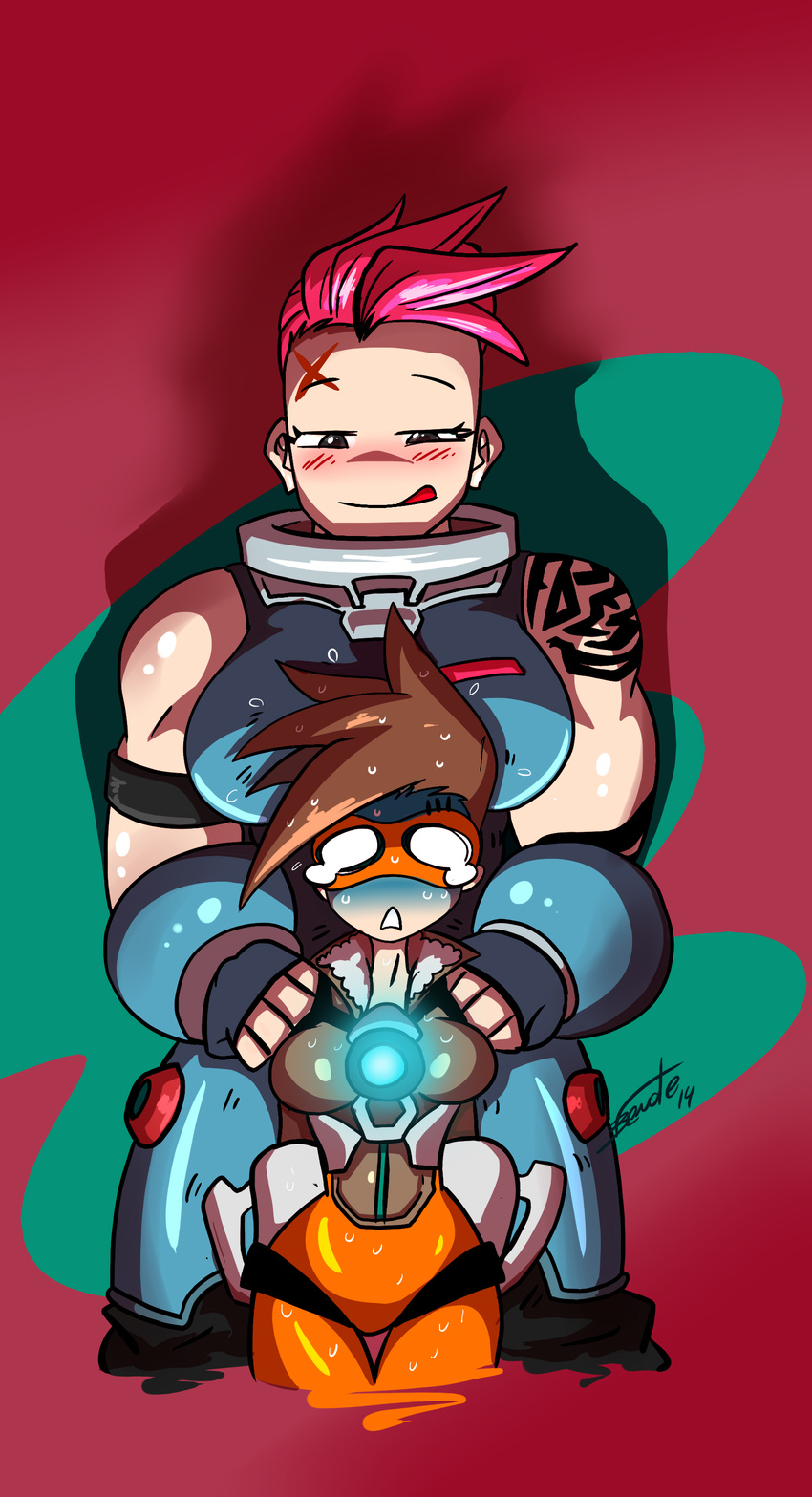 aleksandra_zaryanova brown_hair felipe_bende goggles grabbing grabbing_from_behind lena_oxton licking_lips multiple_girls muscle naughty_face overwatch pink_hair scar short_hair size_difference sleeveless tattoo tears toned tongue_out tracer_(overwatch) you_gonna_get_raped zarya_(overwatch)