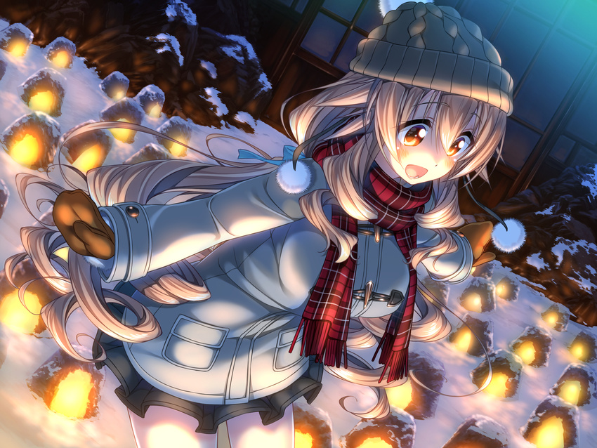 amakano blush breasts brown_eyes brown_hair coat female game_cg highres hoshikawa_koharu kneeling large_breasts long_hair open_mouth piromizu scarf snow