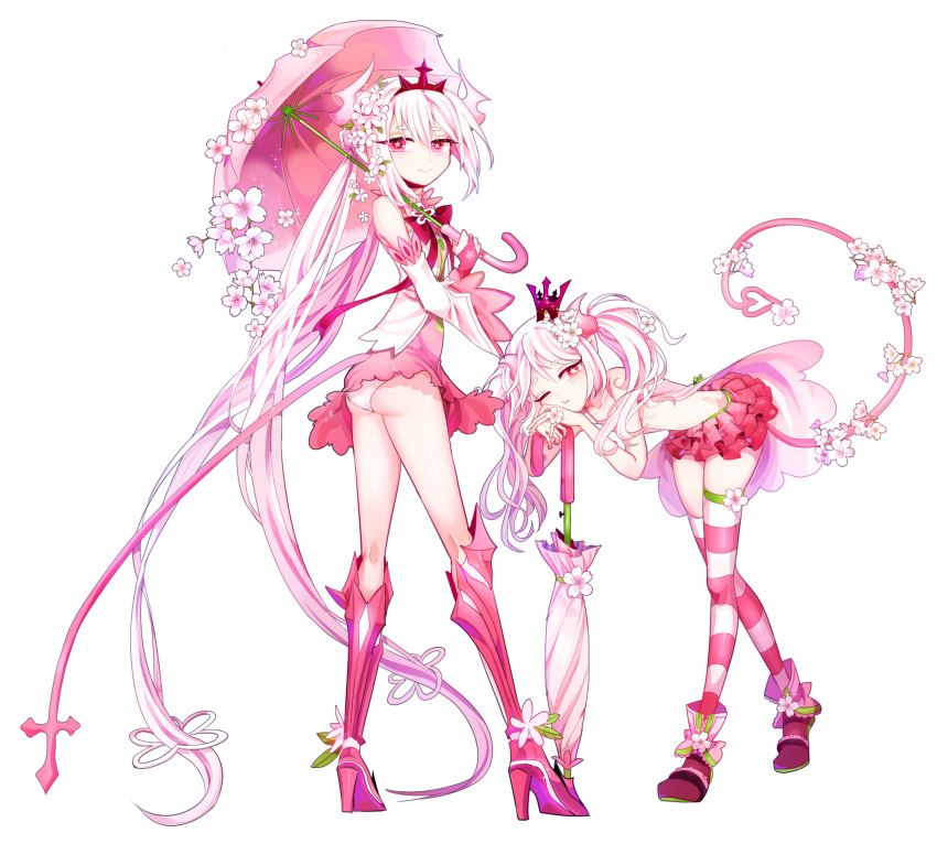 2girls ass bad_id bad_twitter_id cherry_blossoms chiliarch_(elsword) crown demon_girl demon_horns demon_tail elsword flower high_heels highres holding horns long_hair luciela_r._sourcream mellchi multiple_girls noblesse_(elsword) pink_horns smile star-shaped_pupils star_(symbol) symbol-shaped_pupils tail umbrella