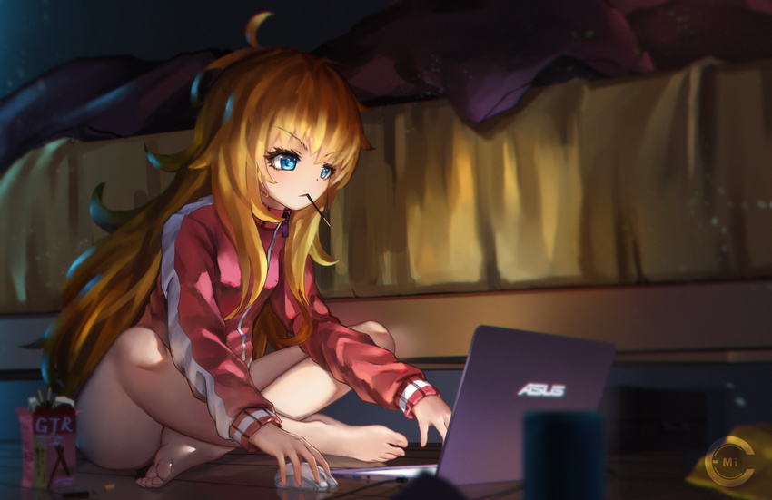 asus at_computer bare_legs barefoot bed blonde_hair blue_eyes c.mi commentary_request computer computer_mouse dark feet female food gabriel_dropout gabriel_tenma_white highres indian_style jacket laptop long_hair messy_hair mouth_hold on_floor pocky sitting solo toes track_jacket very_long_hair