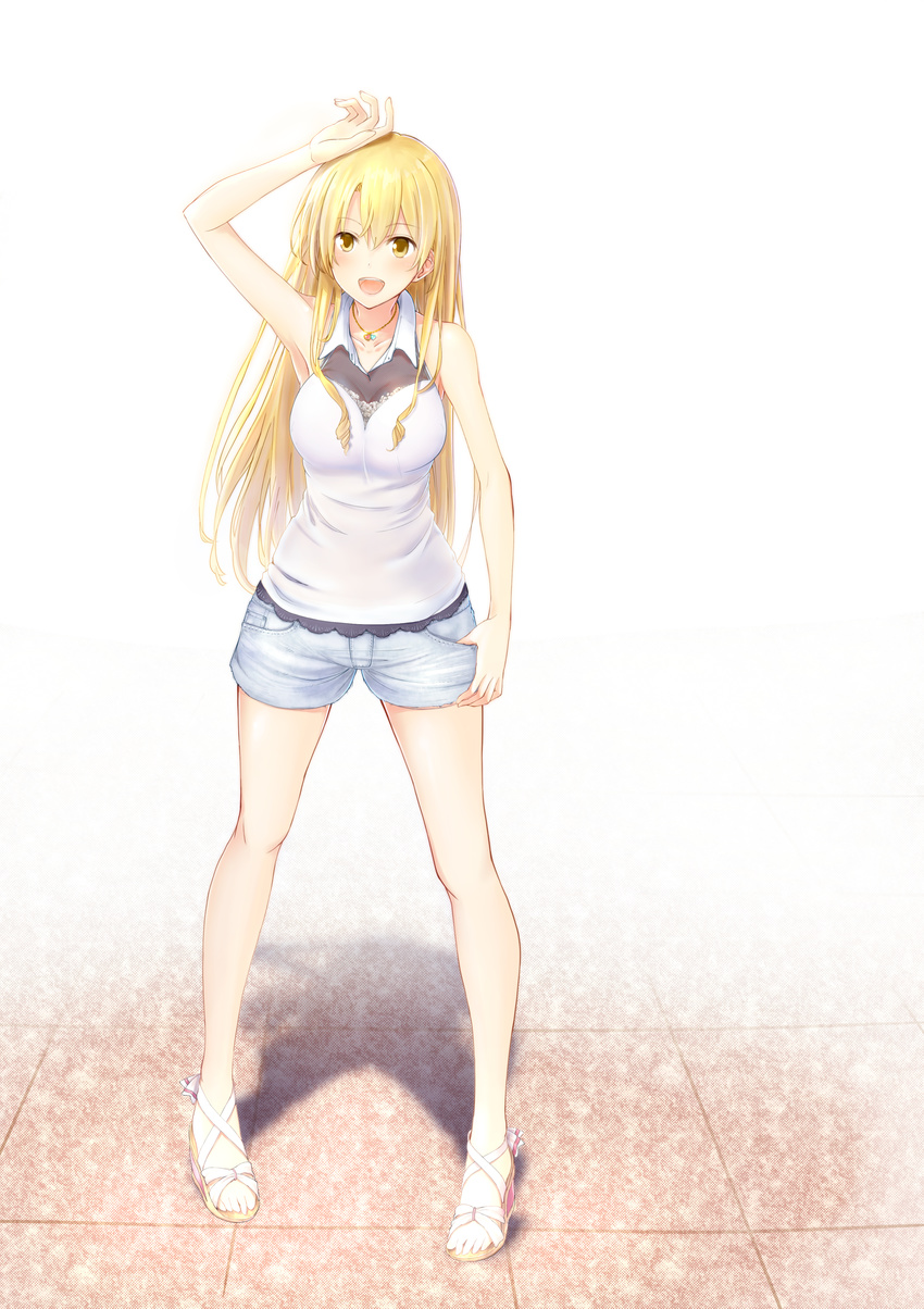 absurdres arm_above_head blonde_hair blush breasts commentary_request denim denim_shorts drill_hair female hair_between_eyes highres jewelry large_breasts long_hair miura_yumiko necklace nentsuchi open_mouth pigeon-toed sandals shorts smile solo white_background yahari_ore_no_seishun_lovecome_wa_machigatteiru. yellow_eyes