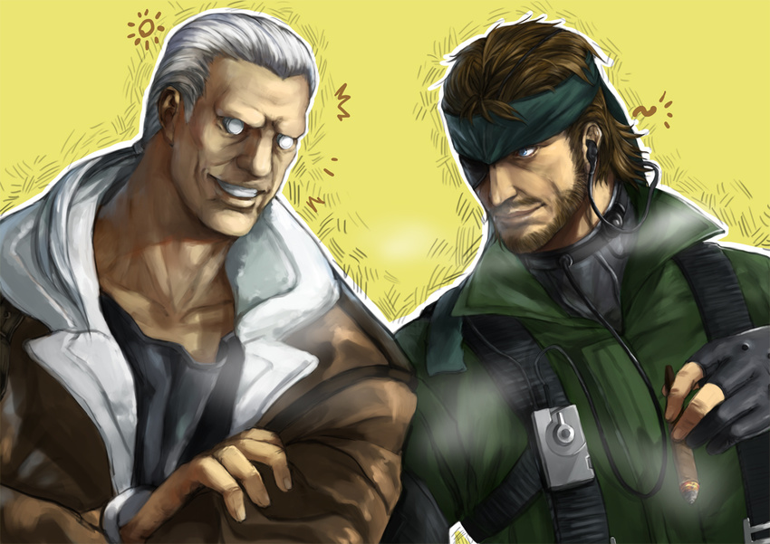 2boys au11 bad_id bad_pixiv_id bandana batou_(gits) beard blue_eyes brown_hair cigar crossover eyepatch facial_hair ghost_in_the_shell gloves jacket male_focus manly metal_gear_(series) metal_gear_solid moustache multiple_boys naked_snake ootsuka_akio photoshop_(medium) voice_actor_connection white_hair