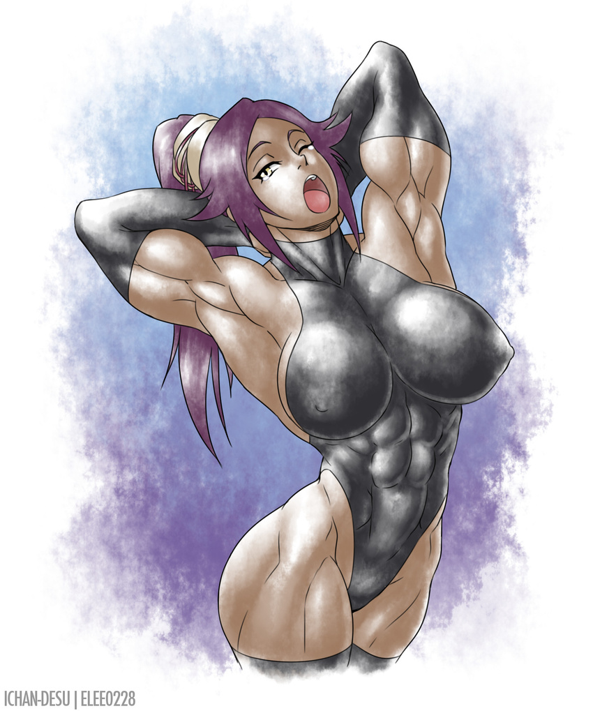 abs biceps bleach dark_skin elee0228 erect_nipples female female ichan-desu long_hair muscle ponytail purple_hair shihouin_yoruichi wink yellow_eyes