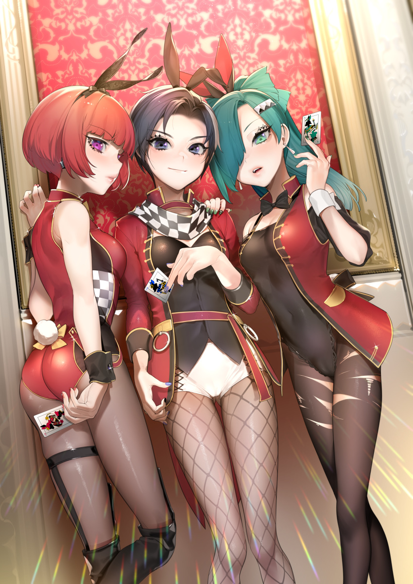 3girls absurdres animal_ears asymmetrical_bangs bad_id bad_pixiv_id black_bow black_eyes black_footwear black_hair black_legwear black_leotard black_ribbon blunt_bangs boots bow bowtie breasts card cleavage commentary_request covered_navel diagonal_bangs earrings fake_animal_ears gold_trim green_eyes green_hair hair_over_one_eye hair_ribbon hand_on_another's_shoulder high_ponytail highres holding holding_card idol jay_(shining_star) jewelry keishi_(shining_star) knee_boots kyuri_(shining_star) leotard long_hair looking_at_viewer matching_outfits medium_breasts micro_shorts multiple_girls ohisashiburi open_mouth pantyhose purple_eyes red_hair red_leotard refraction ribbon shining_star short_hair short_shorts shorts small_breasts sparkle standing thigh_strap torn_clothes torn_pantyhose white_shorts wrist_cuffs