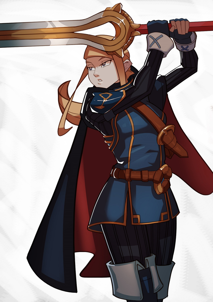 belt blonde_hair boots cape commentary cosplay falchion_(fire_emblem) female fingerless_gloves fire_emblem fire_emblem_awakening gloves highres long_hair lucina_(fire_emblem) lucina_(fire_emblem)_(cosplay) metroid parted_lips photoshop_(medium) samus_aran solo splashbrush super_smash_bros. sword thigh_boots thighhighs weapon