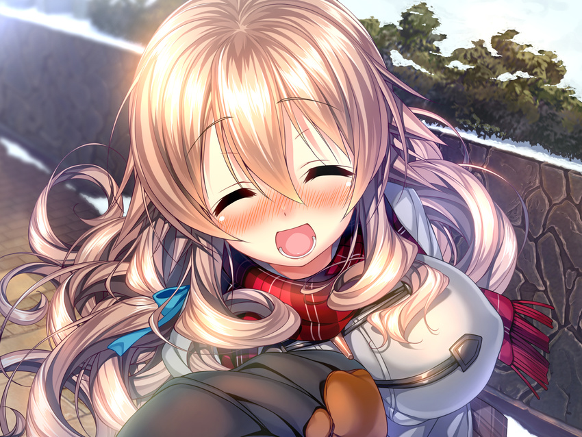 amakano blush breasts brown_hair closed_eyes coat female game_cg highres hoshikawa_koharu kneeling large_breasts long_hair open_mouth piromizu scarf