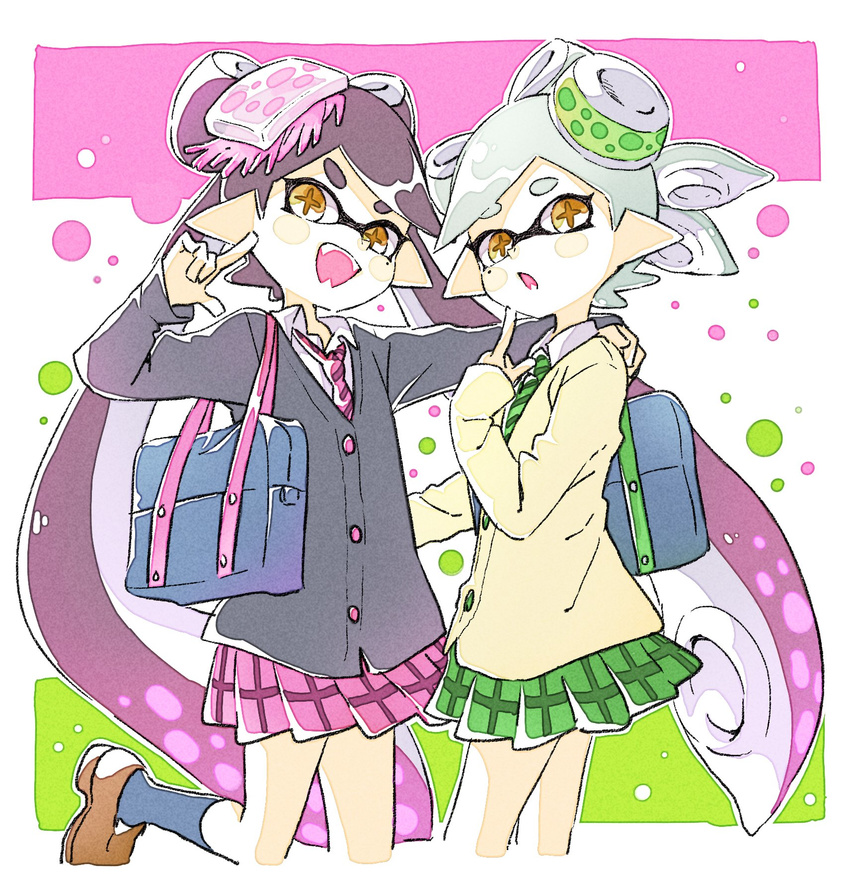 2girls :o alternate_costume bad_id bad_twitter_id bag callie_(splatoon) comamawa eyebrows fangs finger_to_mouth hair_ornament handbag highres index_finger_raised inkling long_hair looking_at_viewer marie_(splatoon) mole mole_under_eye monster_girl multiple_girls necktie open_mouth plaid plaid_skirt pointy_ears sharp_teeth shoes short_hair simple_background skirt socks splatoon_(series) splatoon_2 squid teeth tentacle_hair uniform