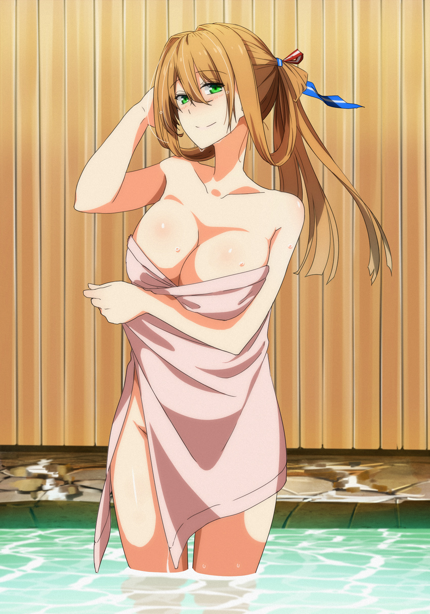 blush breasts brown_hair chinese_commentary cleavage commentary_request female girls'_frontline green_eyes hair_between_eyes hair_ribbon highres large_breasts long_hair looking_at_viewer naked_towel onsen ribbon smile solo springfield_(girls'_frontline) standing towel ukeuke wading