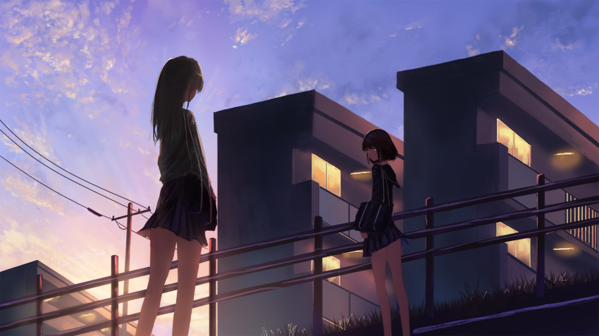 2girls backlighting bag building cloud commentary dark eye_contact from_below grass highres kagumanikusu long_hair looking_at_another looking_to_the_side multiple_girls original outdoors power_lines railing scenery school_bag school_uniform serafuku short_hair sky sunset utility_pole