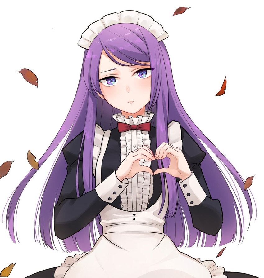 alternate_costume apron bow bowtie commentary_request enmaided female hatsukoi_zombie heart heart_hands highres ibusuki_ririto leaf long_hair long_sleeves looking_at_viewer maid maid_apron maid_headdress minenami_ryou official_art purple_eyes purple_hair red_bow red_bowtie solo spoilers wig yame_ririsu