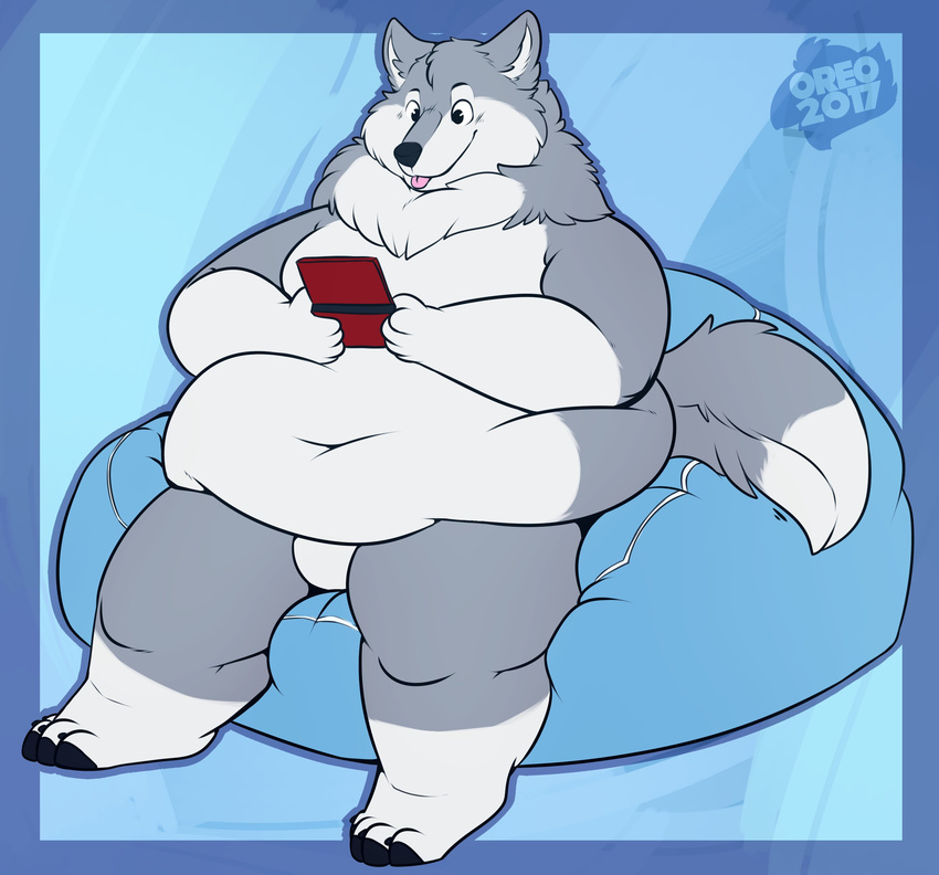 2017 absurd_res ambiguous_gender anthro bean_bag canid canine canis fur grey_body grey_fur hi_res mammal obese obese_ambiguous obese_anthro oreocakes overweight overweight_ambiguous overweight_anthro simple_background solo tieg_graywolf tongue tongue_out white_body white_fur wolf