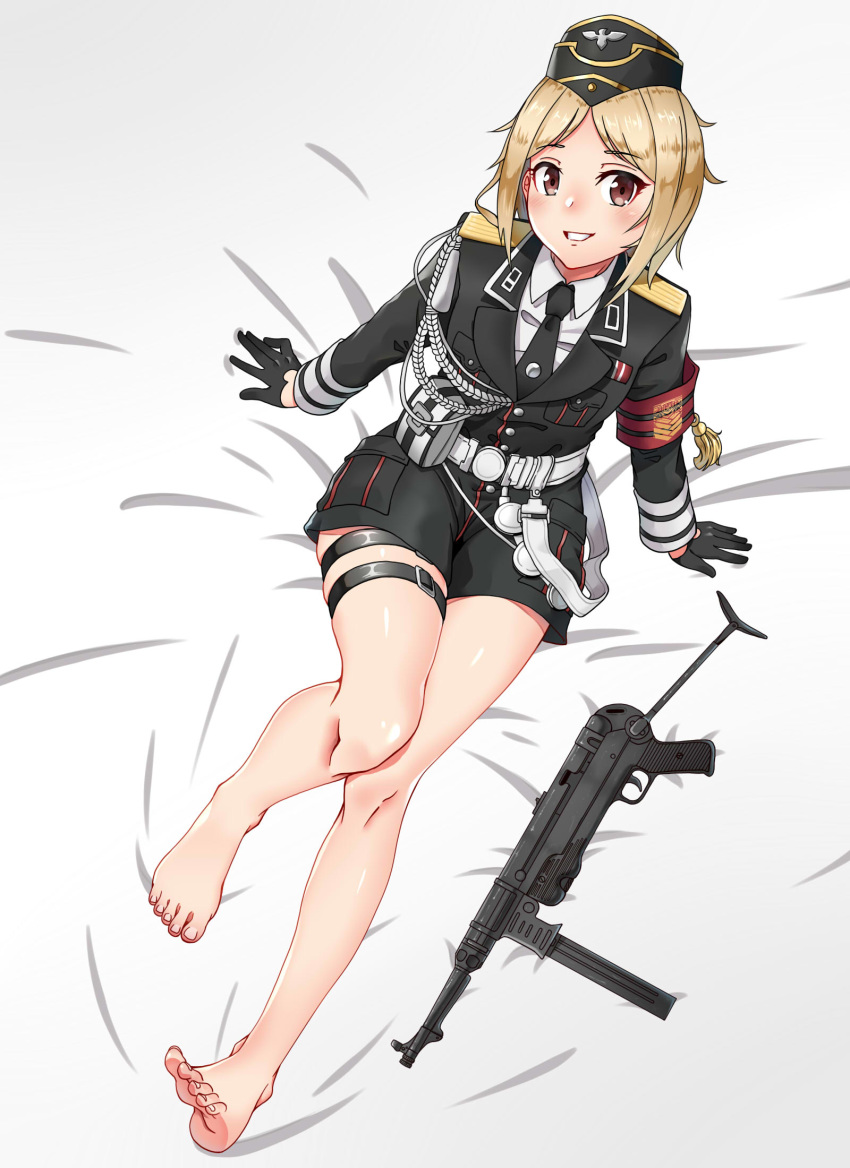 armband barefoot belt blonde_hair brown_eyes commentary_request feet female garrison_cap girls'_frontline gloves gun hat highres hitch_(perotoss) korean_commentary legs military military_uniform mp40 mp40_(girls'_frontline) necktie short_hair smile solo submachine_gun toes uniform weapon