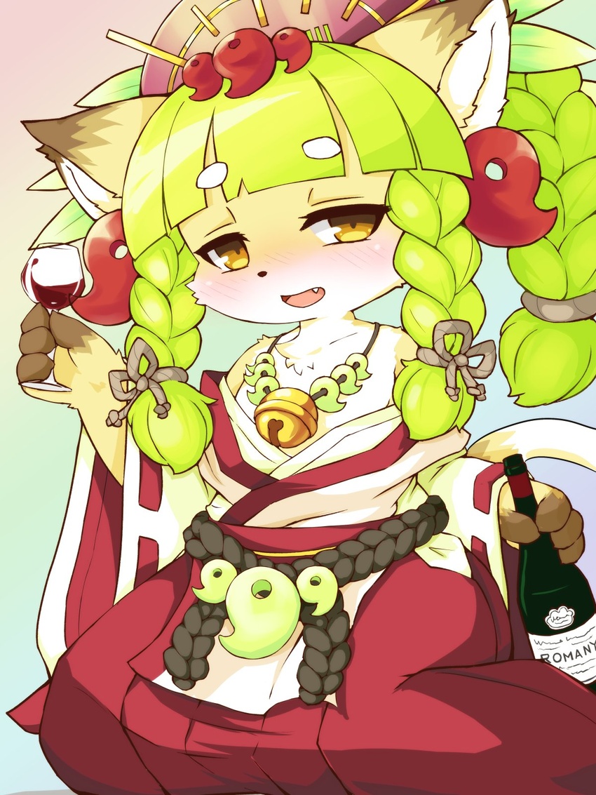 alcohol animal_ears blush body_fur bottle cat_ears cat_girl cat_tail commentary_request cup drunk female fullbokko_heroes furry furry_female green_hair hakama hakama_skirt highres holding holding_bottle holding_cup japanese_clothes kushinada_(fullbokko_heroes) long_hair multicolored_background oerba_yun_fang open_mouth red_hakama ribbon-trimmed_sleeves ribbon_trim simple_background sitting skirt solo tail takeshi-kemo two-tone_fur white_fur wide_sleeves wine yellow_eyes yellow_fur