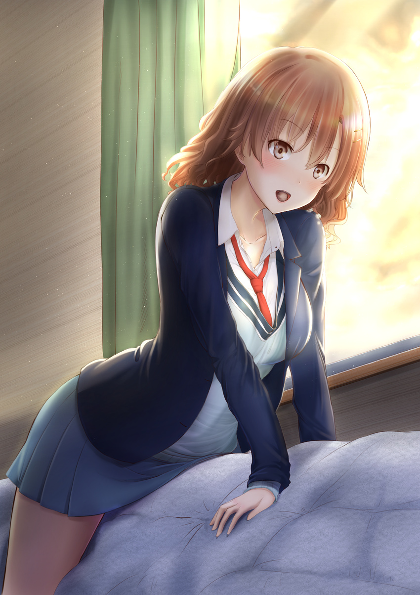 blush brown_eyes brown_hair commentary_request female hair_ornament highres jacket looking_at_another nentsuchi open_mouth orimoto_kaori school_uniform shirt short_hair skirt sobu_high_school_uniform solo straddling white_shirt yahari_ore_no_seishun_lovecome_wa_machigatteiru.