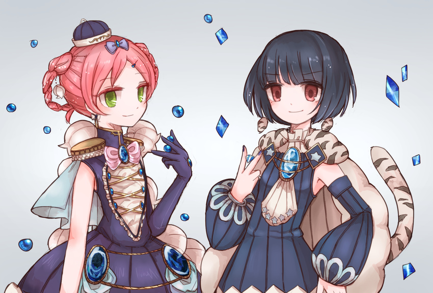 2girls black_hair bluebell_candy butter_run candy commentary_request food gem gloves green_eyes hand_on_own_hip highres lapis_lazuline light_smile mahou_shoujo_ikusei_keikaku md5_mismatch multiple_girls pink_hair red_eyes single_glove