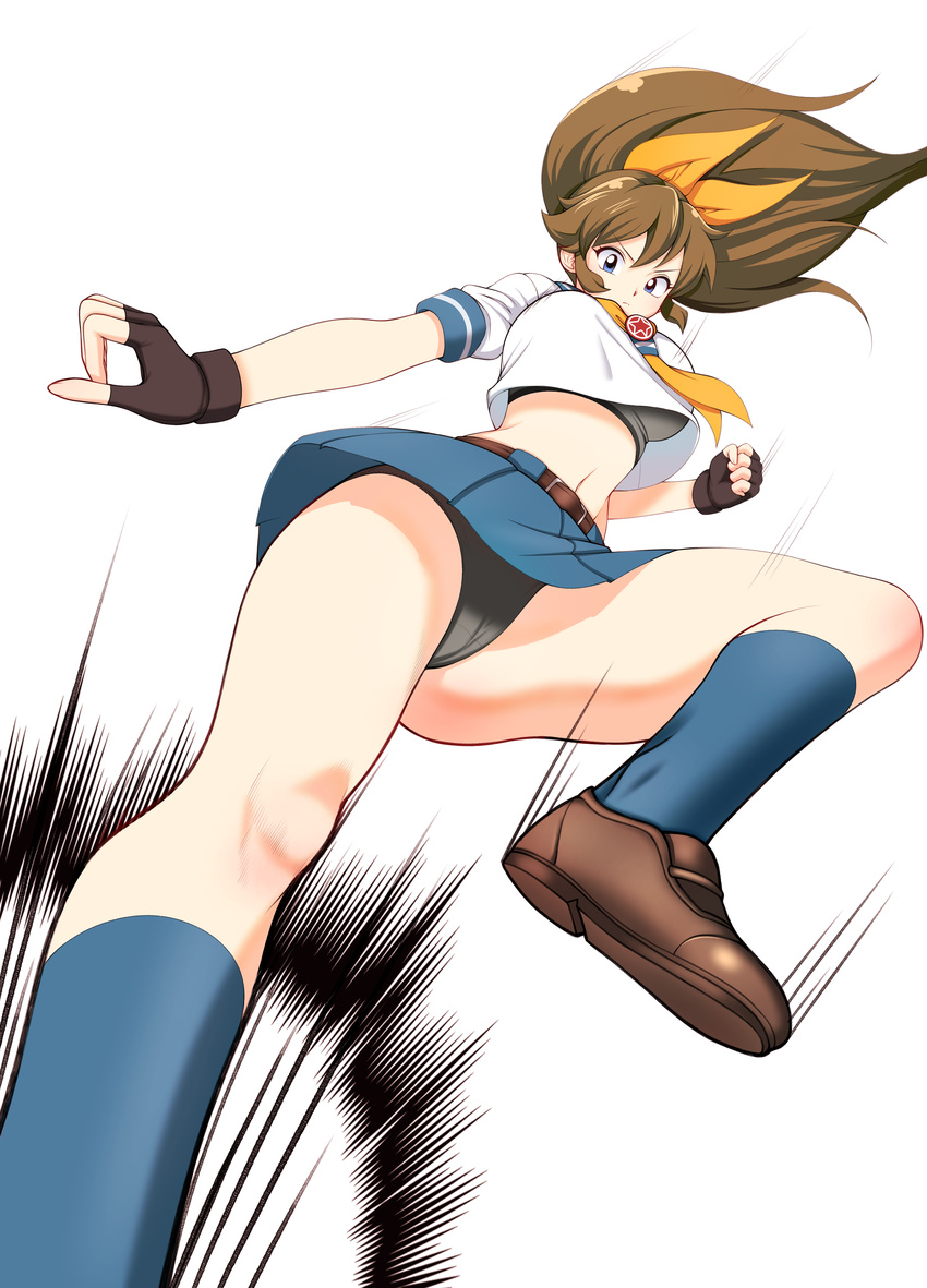 absurdres belt blue_eyes borrowed_character brown_hair eron female fingerless_gloves gloves grey_panties highres kicking kneehighs loafers m.u.g.e.n midriff original panties pleated_skirt ponytail ryuuko_(oggy) school_uniform serafuku skirt solo underwear upskirt