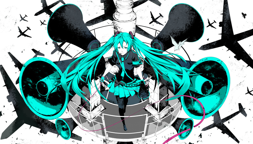 aircraft airplane ayan bad_id bad_pixiv_id bird female floating_hair gloves green_eyes green_hair hatsune_miku headset highres koi_wa_sensou_(vocaloid) long_hair megaphone necktie pantyhose silhouette skirt solo twintails very_long_hair vocaloid