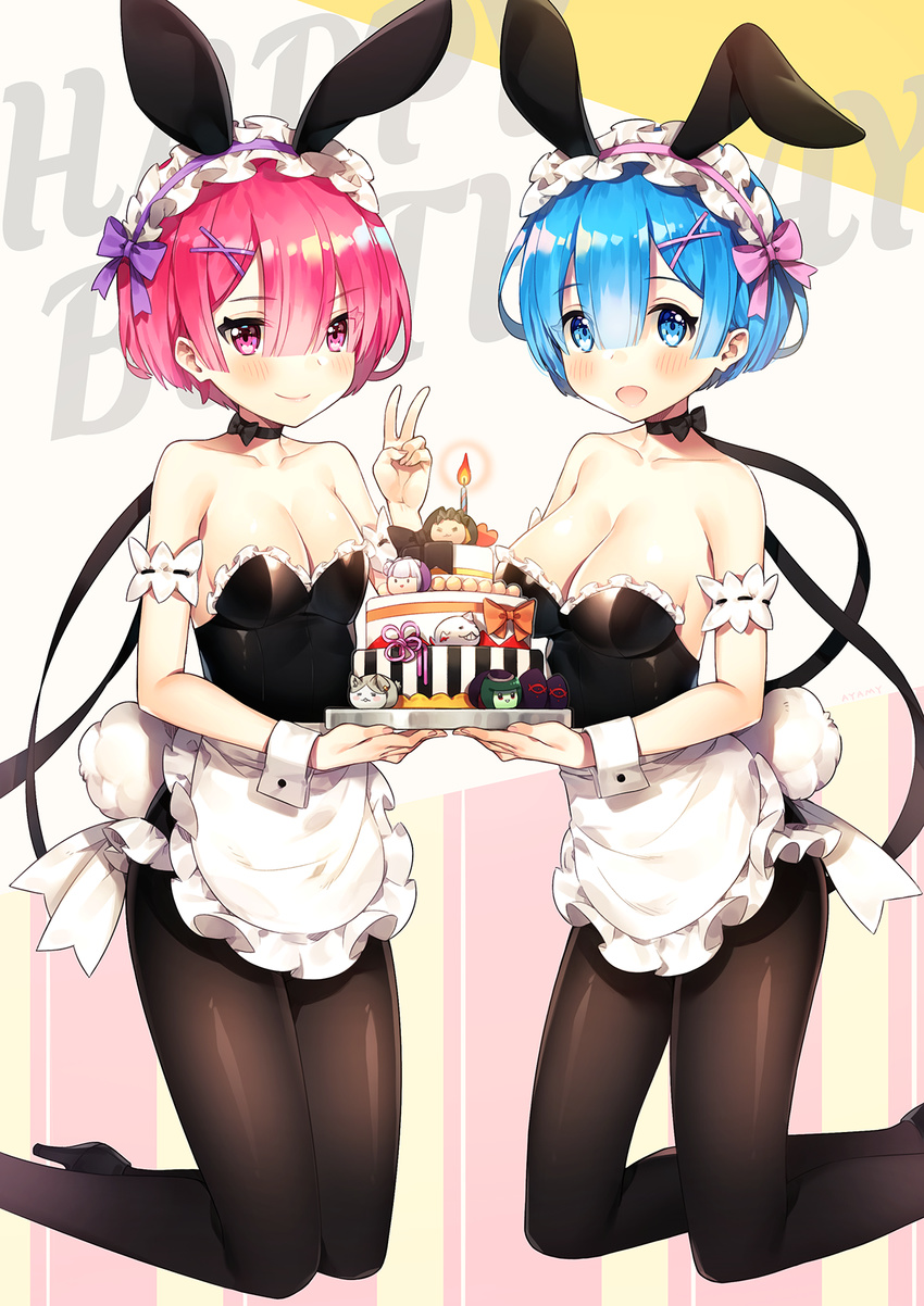 2girls :d animal_ears apron arm_garter ayamy bare_shoulders black_footwear black_leotard black_pantyhose blue_eyes blue_hair blush breasts cake candle cleavage commentary emilia_(re:zero) fake_animal_ears fake_tail fire food hair_between_eyes hair_ornament hairclip hakugei_(re:zero) headband high_heels highres holding kneeling large_breasts leotard long_hair looking_at_viewer medium_breasts multiple_girls natsuki_subaru open_mouth pantyhose petelgeuse_romaneeconti pink_eyes pink_hair playboy_bunny puck_(re:zero) rabbit_ears rabbit_tail ram_(re:zero) re:zero_kara_hajimeru_isekai_seikatsu rem_(re:zero) short_hair siblings sisters smile tail twins waist_apron white_apron wrist_cuffs x_hair_ornament