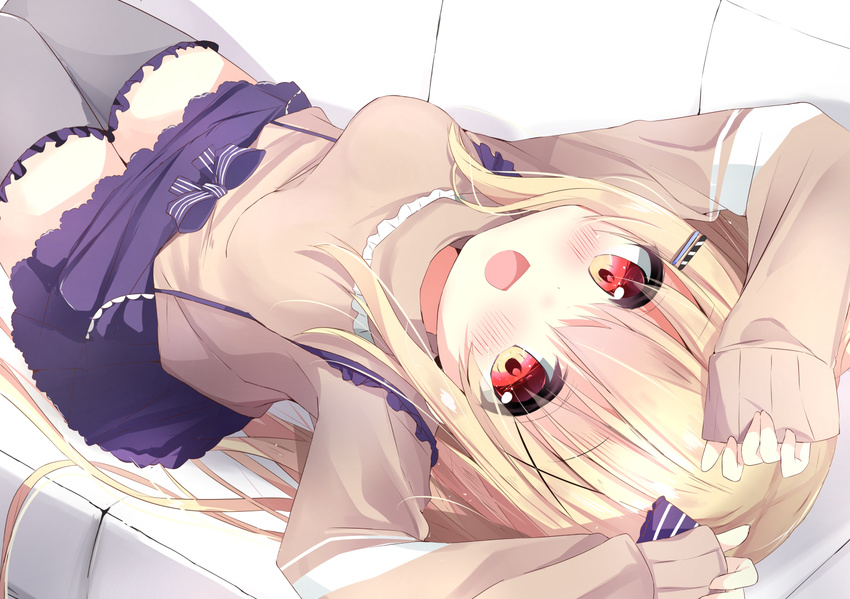 blonde_hair chocolat_neige couch dress long_hair red_eyes shugaten!_-sugarfull_tempering- skirt tagme_(artist) thighhighs