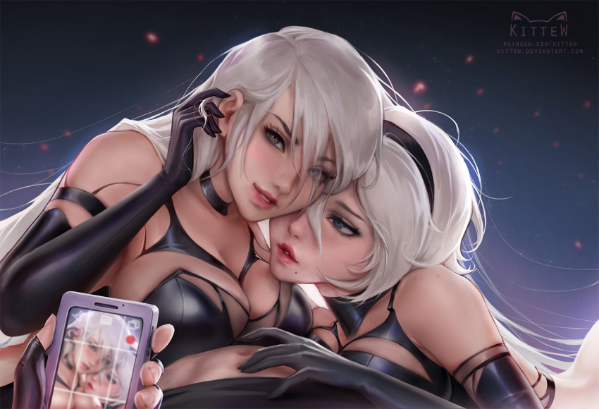 1boy 2b_(nier:automata) 2girls a2_(nier:automata) adjusting_hair android armlet bad_artstation_id bad_id bare_shoulders black_gloves black_hairband blue_eyes breasts cellphone cellphone_photo choker cleavage cowgirl_position detached_sleeves elbow_gloves eyes_visible_through_hair ffm_threesome fingerless_gloves gloves grey_eyes group_sex hair_between_eyes hairband holding holding_phone implied_paizuri joints kittew large_breasts long_hair looking_at_another looking_at_viewer lying mole mole_under_mouth multiple_girls navel nier:automata nier_(series) on_back parted_lips phone pink_lips pov recording robot_joints short_hair smartphone straight taking_picture tank_top threesome viewfinder white_hair