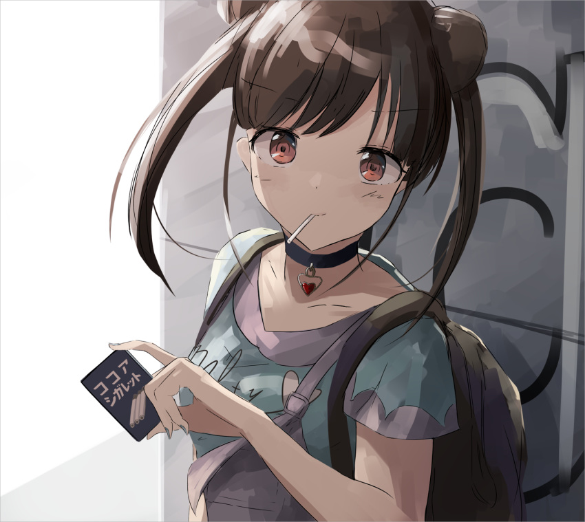 backpack bag black_choker blue_nails blue_shirt blush brown_hair candy choker cigarette_candy closed_mouth clothes_writing collarbone commentary doran_(dorannomai) double_bun female fingernails food hair_bun heart heart_choker highres holding idolmaster idolmaster_shiny_colors long_hair looking_at_viewer mouth_hold nail_polish orion_(company) orion_cocoa_cigarettes overalls red_eyes shirt short_sleeves smile solo sonoda_chiyoko standing twintails