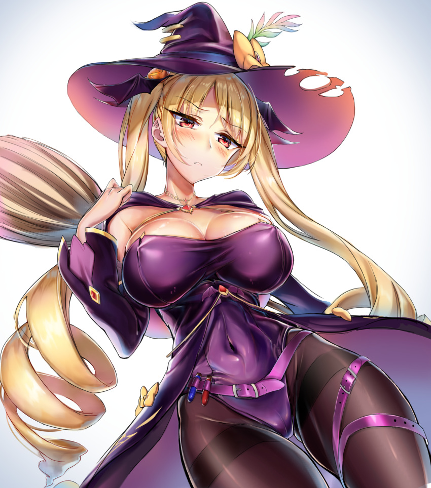 absurdres azur_lane bat_hair_ornament belt blonde_hair blue_background blush bow breasts brooch broom brown_pantyhose cape cleavage coda_(simon1995) collarbone commentary_request detached_sleeves female flask food-themed_hair_ornament gem gradient_background hair_ornament halloween hat hat_bow highres jewelry large_breasts leotard lips long_hair looking_at_viewer nelson_(azur_lane) nelson_(luna_witch)_(azur_lane) official_alternate_costume pantyhose potion pumpkin_hair_ornament purple_leotard red_eyes red_gemstone solo thighband_pantyhose twintails very_long_hair witch witch_hat