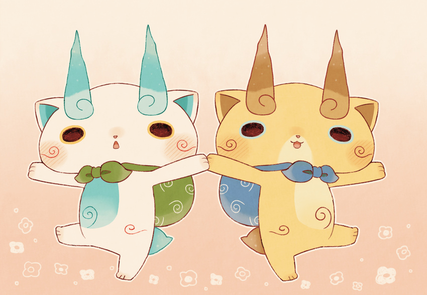 abbreviated_karakusa bad_id bad_pixiv_id blush brothers furoshiki furoshiki_around_neck gradient_background holding_hands kanacho komajirou komasan looking_at_viewer no_humans open_mouth siblings triangle_mouth youkai_(youkai_watch) youkai_watch