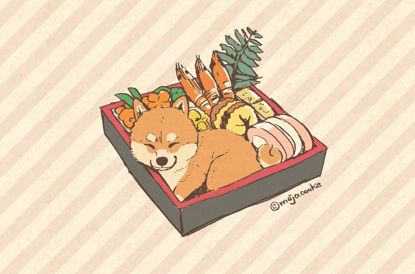 animal_focus black_eyes box canine carrot closed_eyes commentary datemaki_(food) food food_focus kamaboko leaf looking_at_viewer mojacookie no_humans omelet original osechi oversized_food oversized_object plant shiba_inu shrimp smile striped striped_background tamagoyaki twitter_username