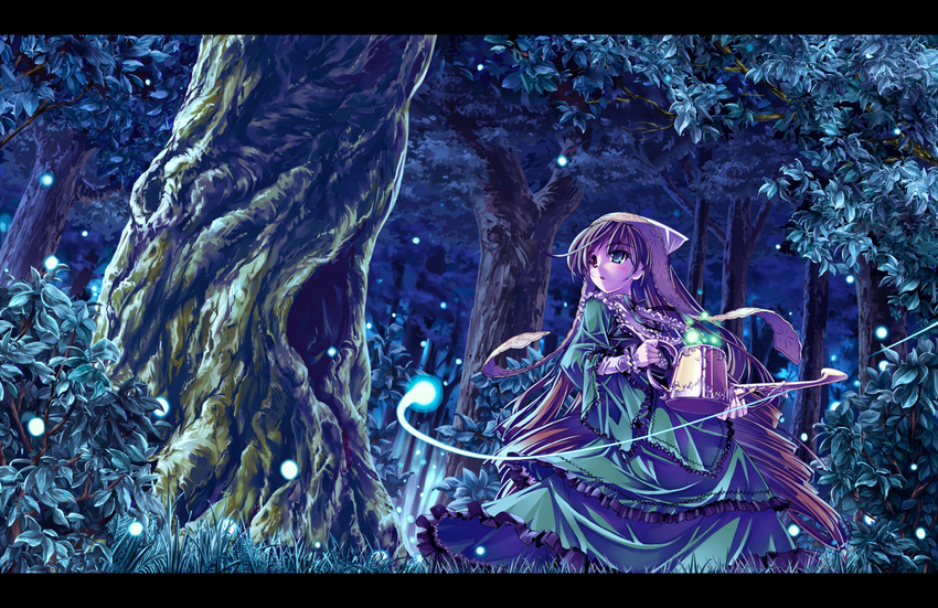 brown_hair commentary_request female fireflies forest heterochromia letterboxed long_hair nature revision rozen_maiden sasa_ichi scenery solo suiseiseki watering_can