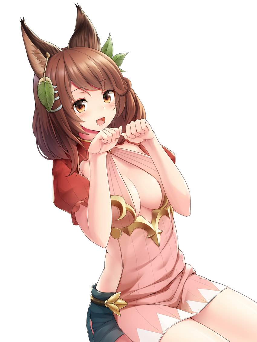 animal_ears backless_outfit bad_id bad_pixiv_id blush breasts brown_hair commentary_request dress erune female granblue_fantasy hair_ornament highres la_coiffe_(granblue_fantasy) leaf_hair_ornament lips looking_at_viewer medium_breasts miniskirt pink_dress puffy_sleeves ribbed_dress short_sleeves sideboob sideless_outfit sitting skirt solo tanaka_(seyakatemaroyaka)