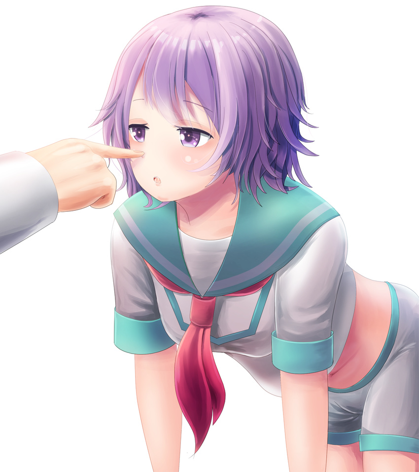 bad_id bad_pixiv_id commentary_request female finger_to_another's_nose highres juujuu_(2l0) kantai_collection midriff navel neckerchief open_mouth purple_eyes purple_hair school_uniform serafuku shirt short_hair short_sleeves shorts solo_focus tama_(kancolle)