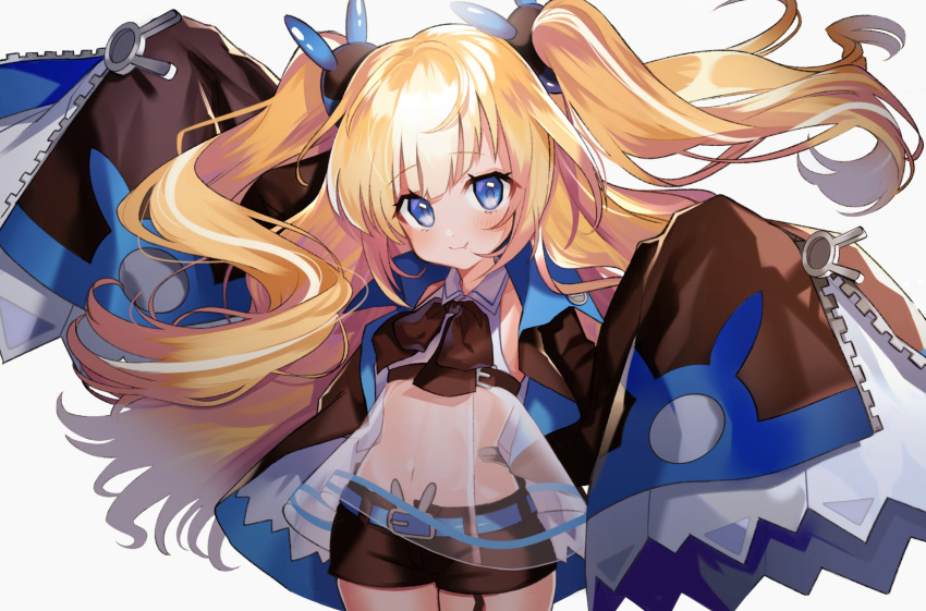 azur_lane bangs belt belt_buckle black_jacket black_neckwear blonde_hair blue_belt blue_eyes blush buckle bunny closed_mouth collared_jacket collared_shirt commentary_request cowboy_shot crop_top eyebrows_visible_through_hair floating_hair hair_ornament highres jacket kalk_(azur_lane) long_hair long_sleeves looking_at_viewer midriff multicolored_hair navel neck_ribbon oerba_yun_fang open_clothes open_jacket open_shorts pomu_(pomu_me) ribbon see-through shirt short_shorts shorts simple_background sleeves_past_fingers sleeves_past_wrists smile solo streaked_hair two-tone_hair two_side_up very_long_hair white_background white_hair white_shirt wide_sleeves zipper_pull_tab