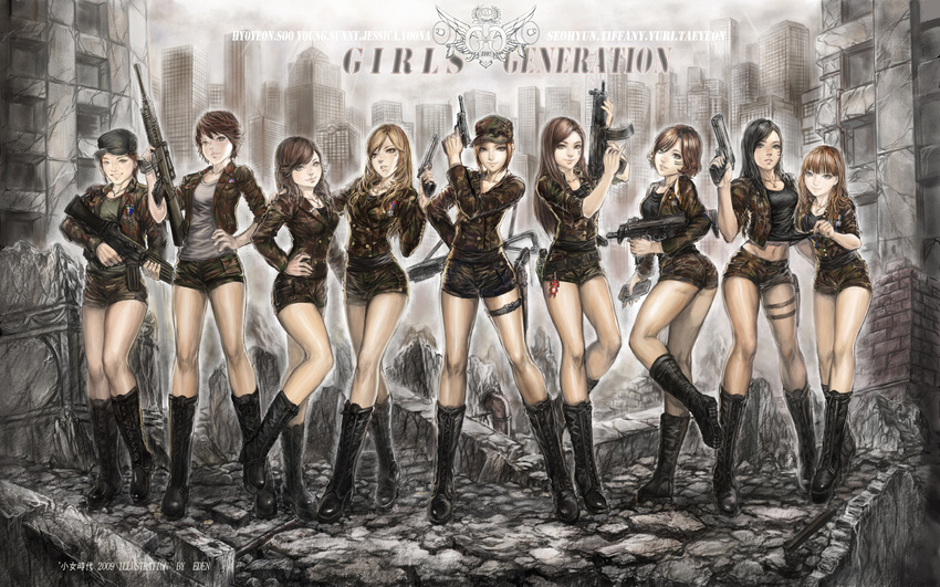 2009 6+girls 9girls apocalypse artist_name assault_rifle black_hair blonde_hair boots brown_hair camouflage character_name copyright_name crossover dated eden_hunter female girls'_generation giroro gun handgun hat hats highres hyoyeon_(girls'_generation) jessica_(girls'_generation) jewelry k-pop keroro_gunsou keychain knee_boots leather_boots legs lineup long_hair looking_at_viewer midriff military multiple_girls necklace pinky_out pistol pose rifle rubble seohyun_(girls'_generation) short_hair shorts sooyoung_(girls'_generation) submachinegun sunny_(girls'_generation) taeyeon_(girls'_generation) thigh_strap tiffany_(girls'_generation) uniform weapon yoona_(girls'_generation) yuri_(girls'_generation)